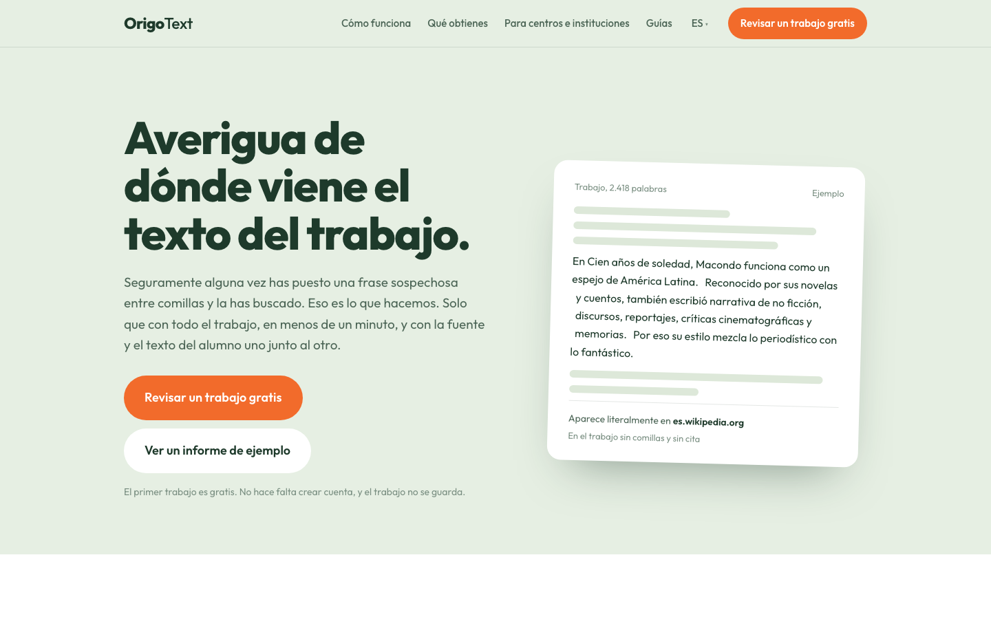 La página de inicio de OrigoText